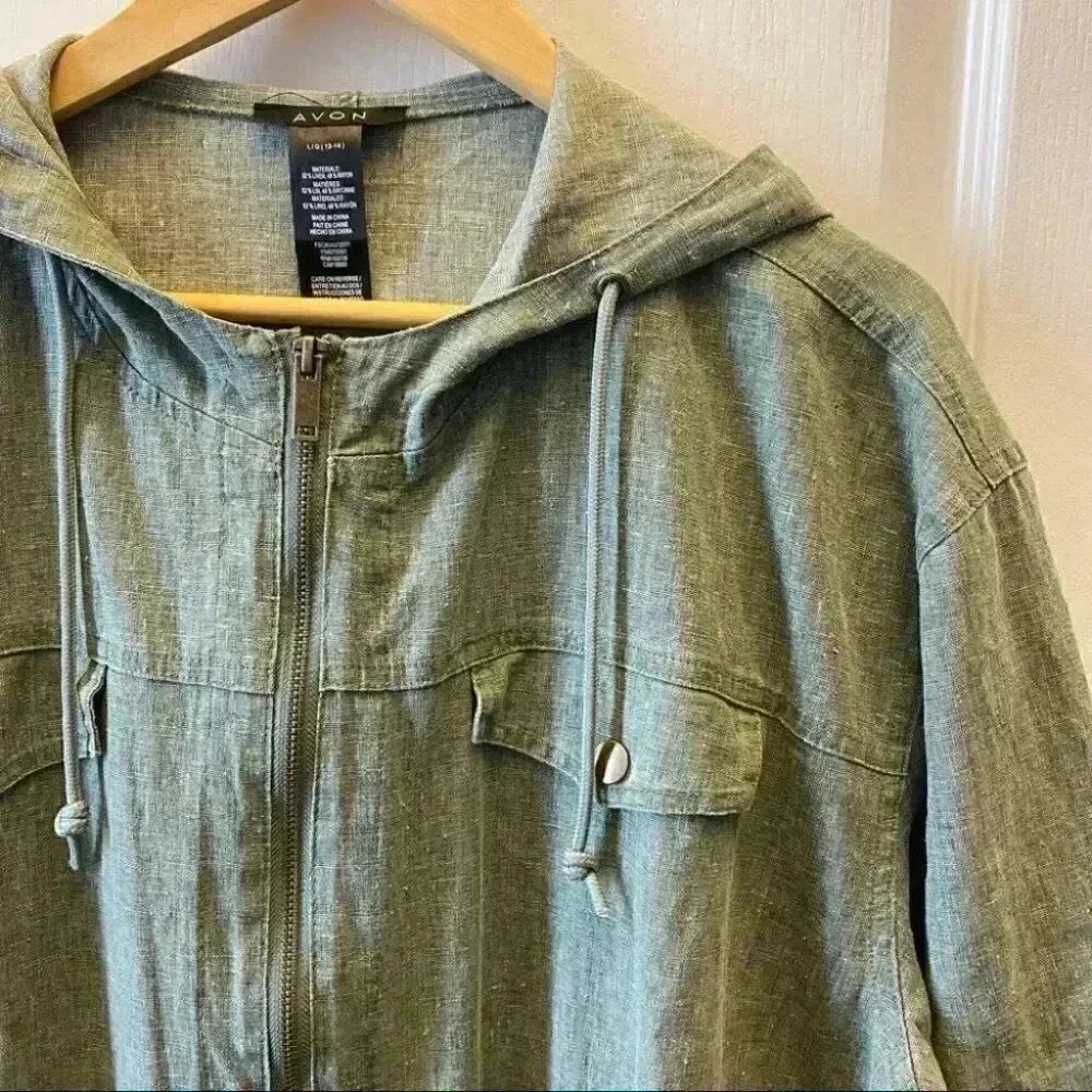 Avon Linen Jacket Cropped Lightweight Spring Fall Hood Olive Green Large - Picture 6 of 16
